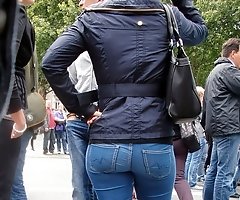 Admiring sexy tight jeans on amateur